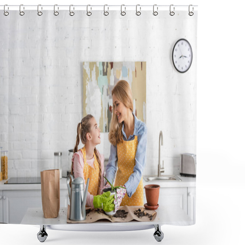 Personality  Mother And Cute Daughter Looking At Each Other And Touching Flowerpot With Aloe Near Watering Pot And Paper Bag On Table With Ground Shower Curtains