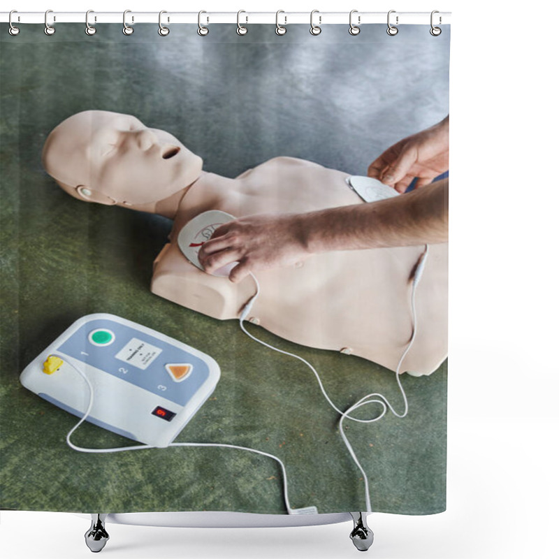 Personality  Cropped View Of Professional Healthcare Worker Applying Defibrillator Pads On CPR Manikin, Cardiac Resuscitation, High Angle View, Health Care And Life-saving Techniques Concept Shower Curtains