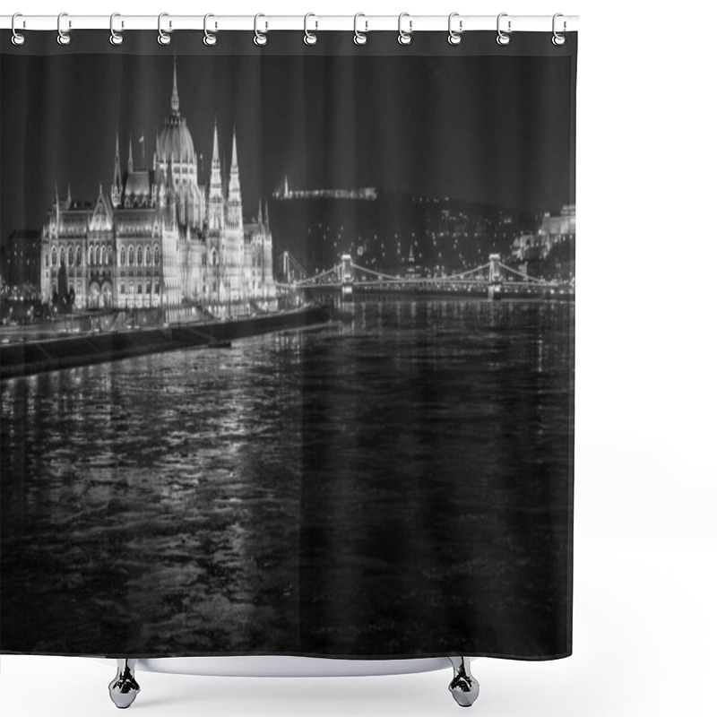 Personality  Budapest Parliament At Night In Black And White With Ice Shower Curtains