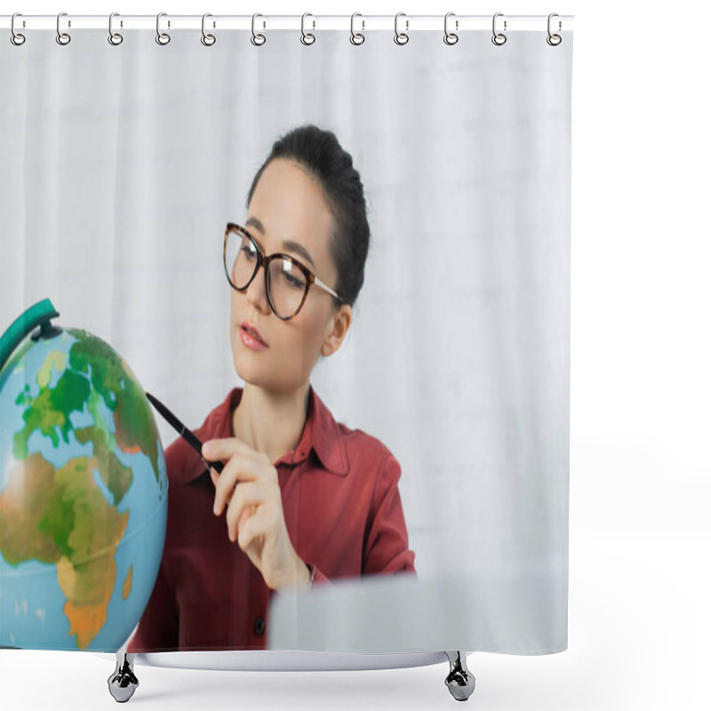 Personality  Teacher In Eyeglasses Holding Pen Near Globe And Blurred Laptop  Shower Curtains