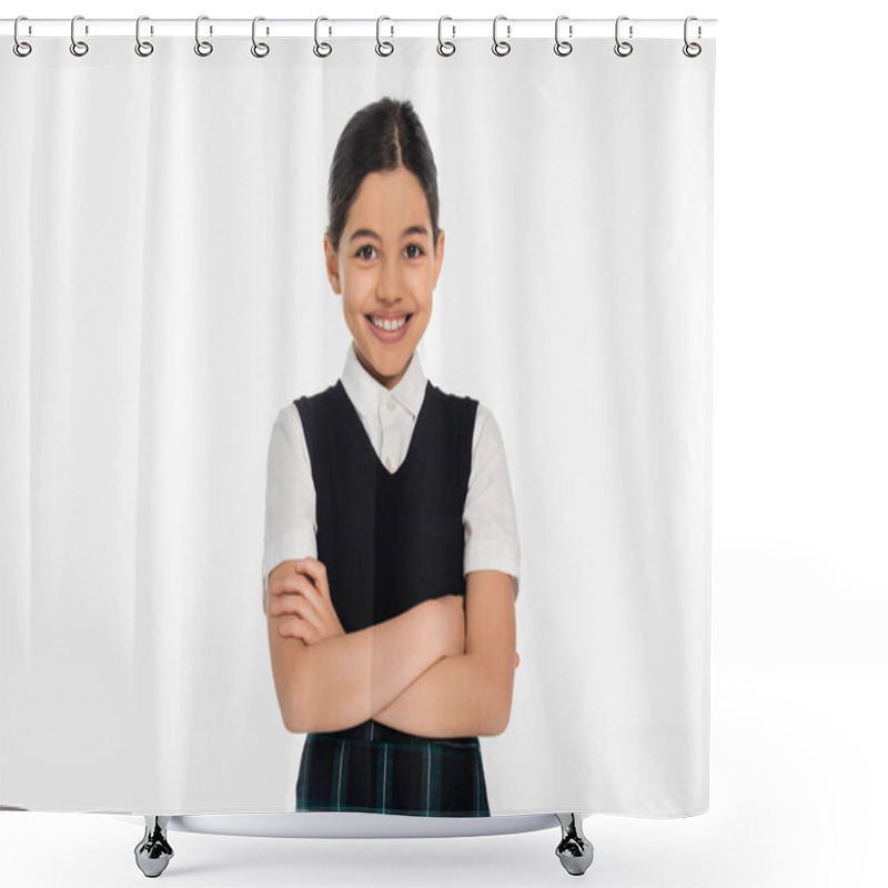 Personality  Happy Schoolgirl In Black Vest Standing With Folded Arms And Looking At Camera Isolated On White Shower Curtains