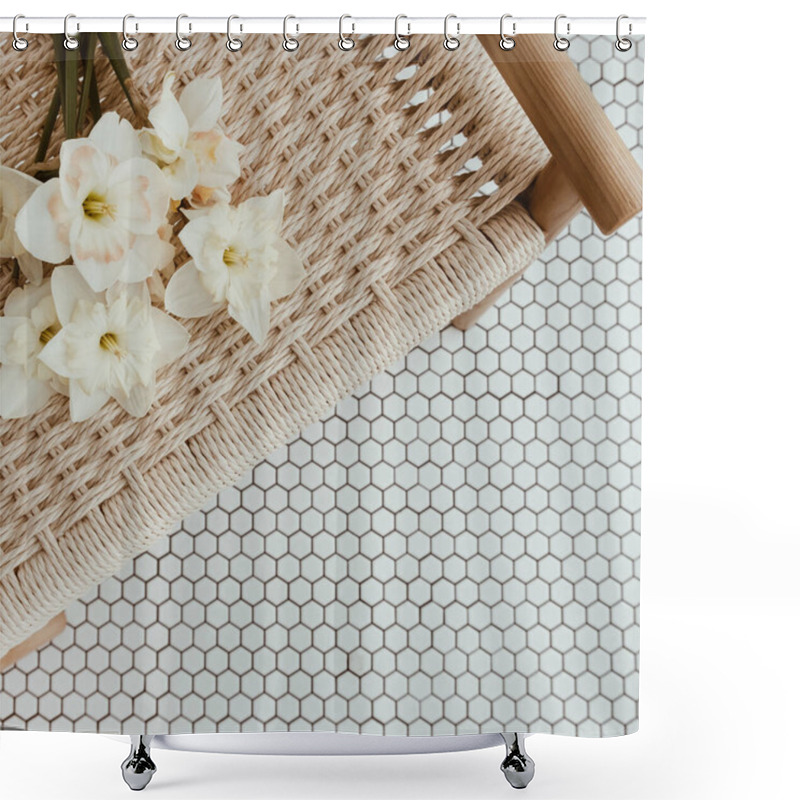 Personality  Narcissus Flowers Bouquet On Rattan Bench On Mosaic Tile Shower Curtains