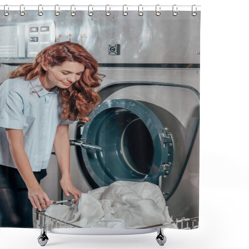 Personality  Happy Female Dry Cleaning Worker Taking Clothes Out Of Washing Machine Shower Curtains