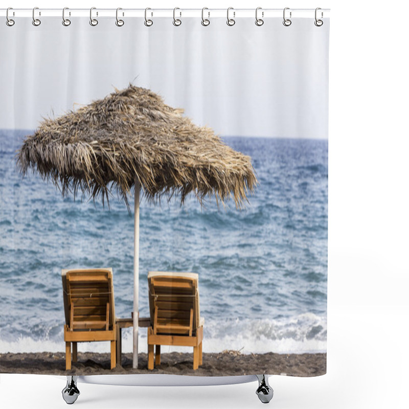 Personality  View Of Perissa Beach On The Greek Island Of Santorini With Sunb Shower Curtains