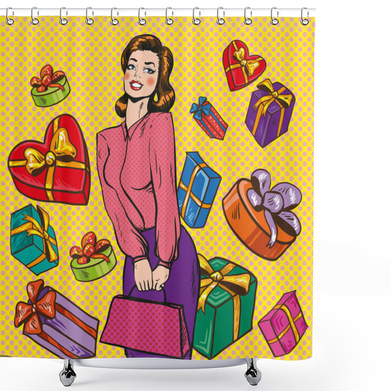 Personality  Vector Illustration Of Woman And Gift Boxes, Pop Art Style Shower Curtains