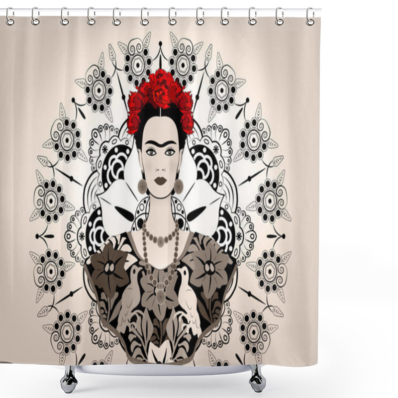 Personality  Frida Kahlo Vector Portrait , Young Beautiful Mexican Woman With A Traditional Hairstyle,  Mexican Crafts Jewelry And Dress, Vector Isolated Or Decorated Mandala Background , Monochrome Style  Shower Curtains