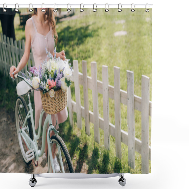 Personality  Partial View Of Woman In Stylish Dress With Retro Bicycle With Wicker Basket Full Of Flowers At Countryside Shower Curtains