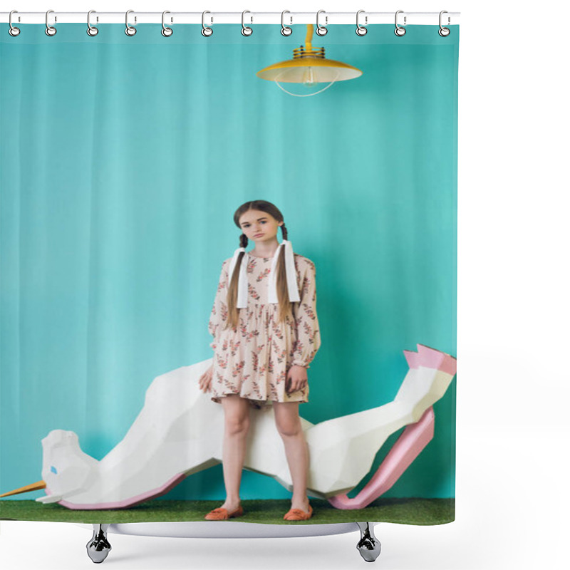 Personality  Fashionable Teen Girl Posing With Big Toy Unicorn Upside Down, On Turquoise Shower Curtains