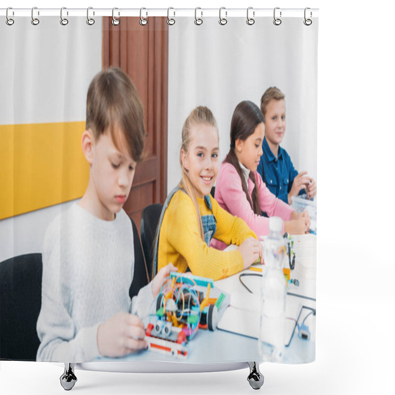 Personality  Adorable Schoolgirl Looking At Camera While Classmates Working At Desk During STEM Programming Lesson Shower Curtains