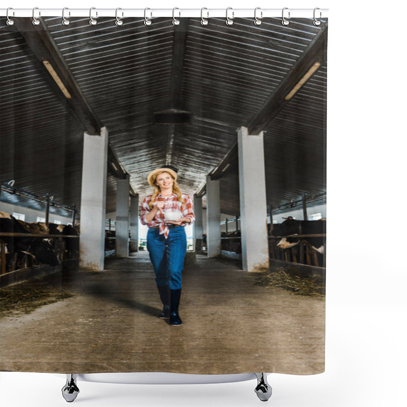 Personality  Attractive Farmer Holding Jug Of Milk In Stable Shower Curtains