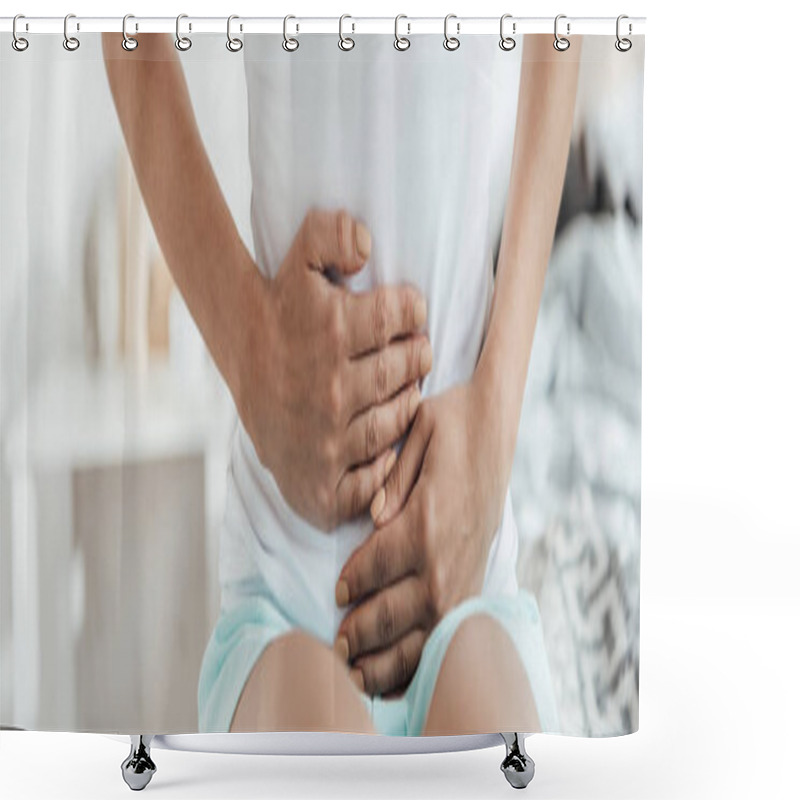 Personality  Panoramic Shot Of Woman Sitting On Bed And Touching Belly Shower Curtains