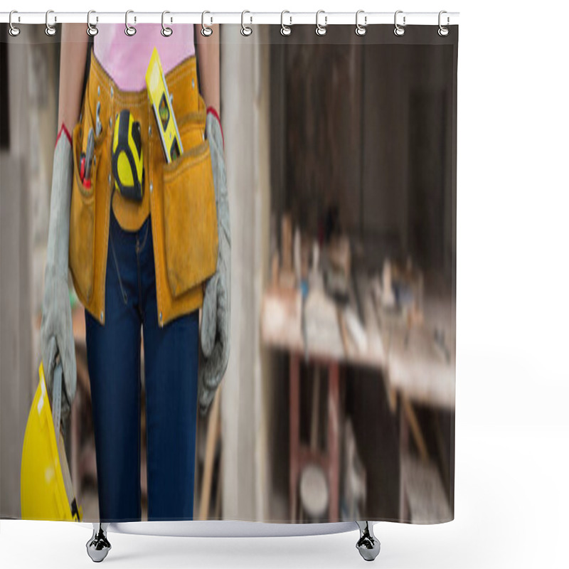 Personality  Woman With Tool Belt And Holding Hard Hat Against Workshop Shower Curtains