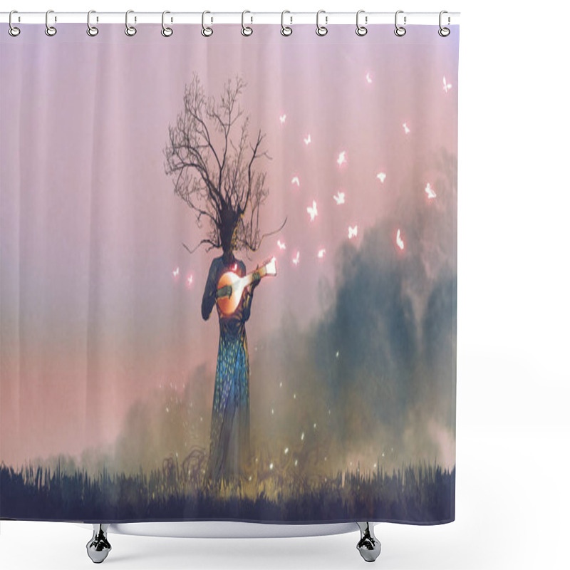 Personality  Creature With Branch Head Playing Magic Banjo String Instrument With Glowing Butterflies, Digital Art Style, Illustration Painting Shower Curtains