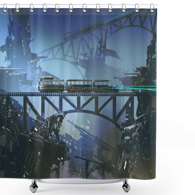 Personality  Train On Railway And Bridge In Abandoned City  Shower Curtains