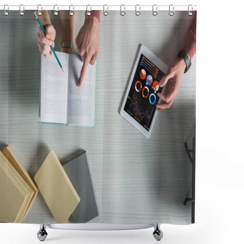 Personality  Top View Of Man Pointing With Finger At Book Near Digital Tablet With Charts And Graphs On Screen Shower Curtains