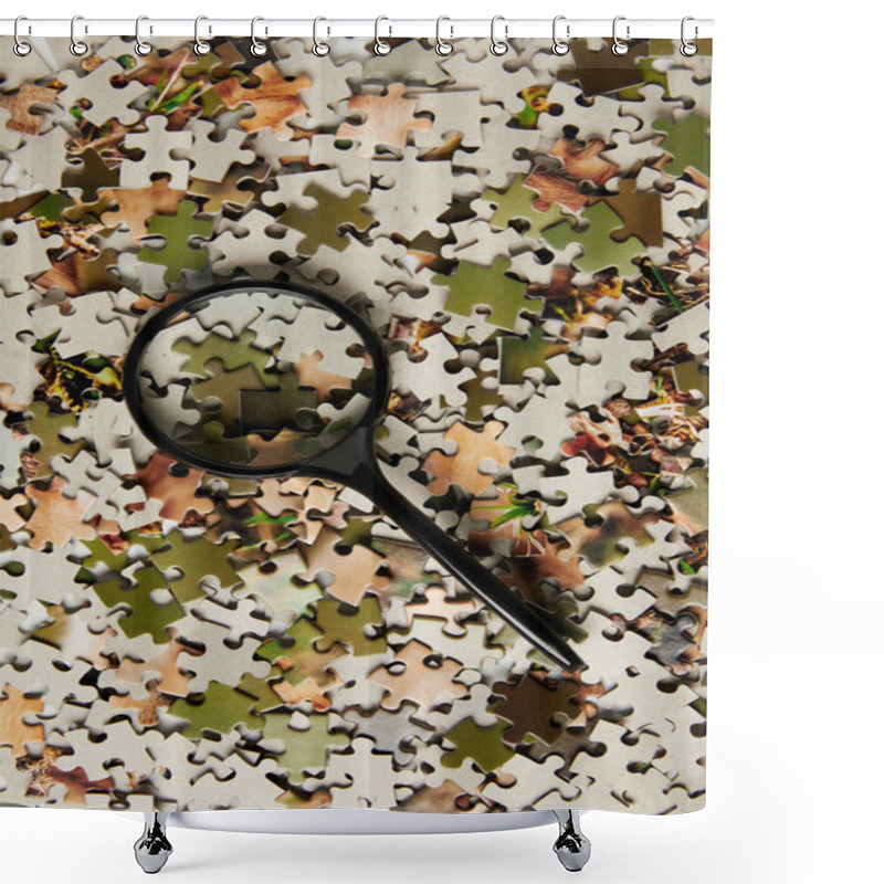 Personality  Top View Of Magnifying Glass And Jigsaw Puzzle Pieces On Grey  Shower Curtains