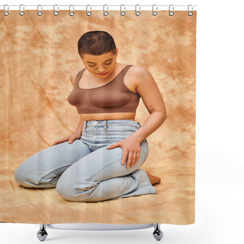 Personality  Body Positivity, Denim Fashion, Curvy And Tattooed Woman In Jeans And Crop Top Sitting On Mottled Beige Background, Personal Style, Self-acceptance, Generation Z, Casual Attire Shower Curtains