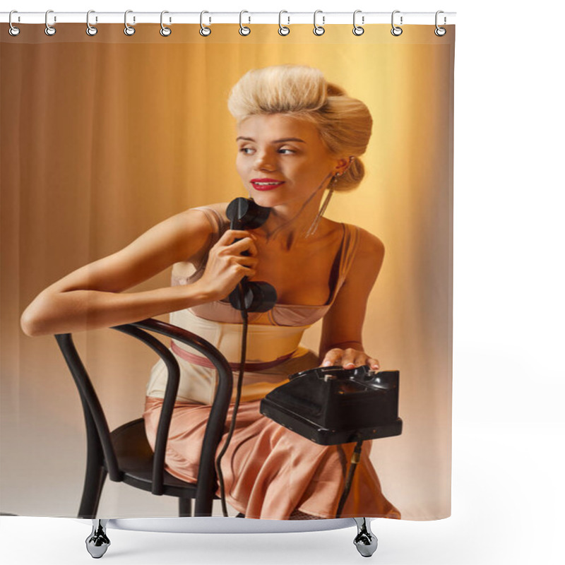 Personality  Attractive Blonde Girl In 20s Posing On Black Chair With Retro Phone Against Gray Background Shower Curtains