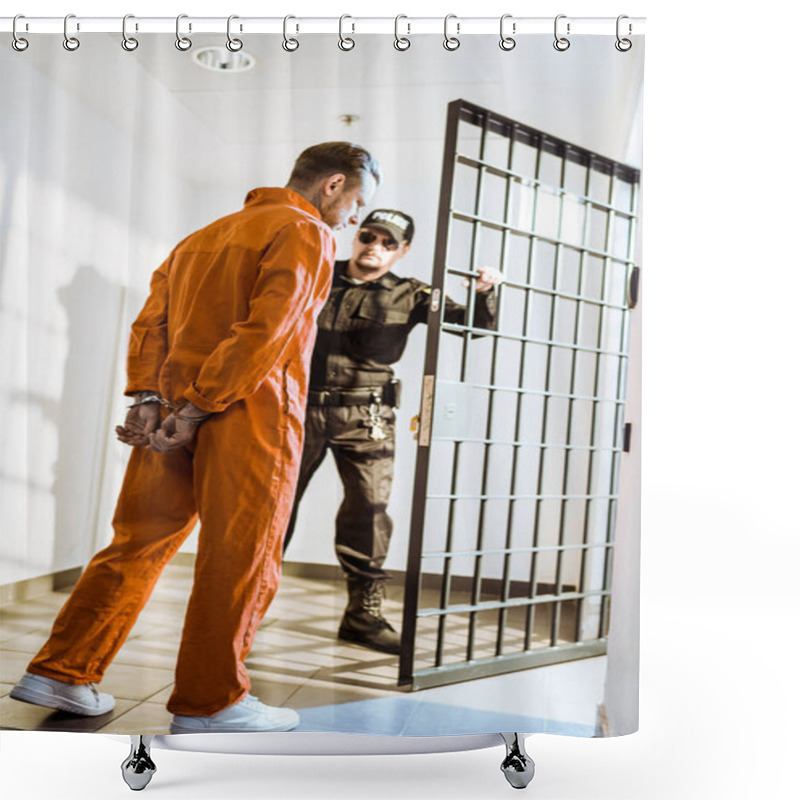 Personality  Prison Guard Opening Prison Bars For Criminal In Prison Cell Shower Curtains