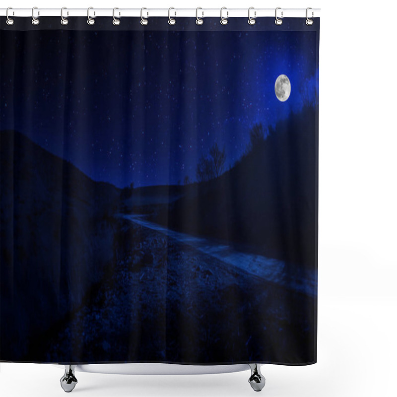 Personality  Mountain Road Through The Forest On A Full Moon Night. Scenic Night Landscape Of Country Road At Night With Large Moon. Long Shutter Photo Shower Curtains