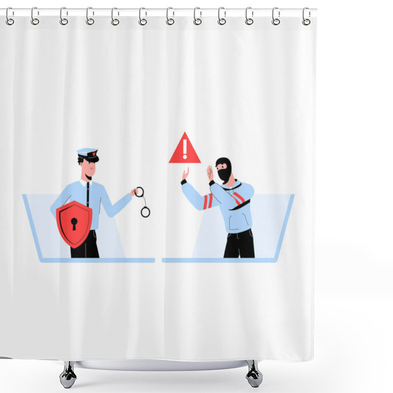 Personality  Cybersecurity Officer With Shield And Handcuffs Confronting A Masked Hacker Signaling An Alert. Flat Vector Illustration About Online Security, Law Enforcement, And Cybercrime Prevention Shower Curtains