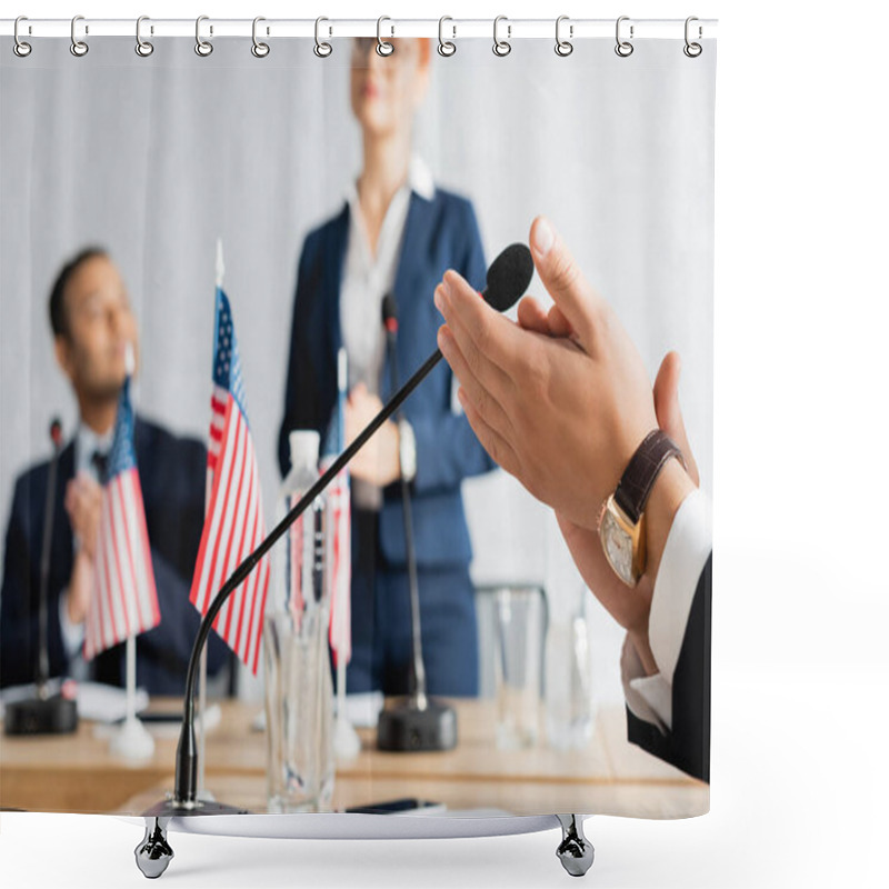 Personality  Politician Applauding Sitting Near Microphone In Boardroom With Blurred Colleagues On Background Shower Curtains