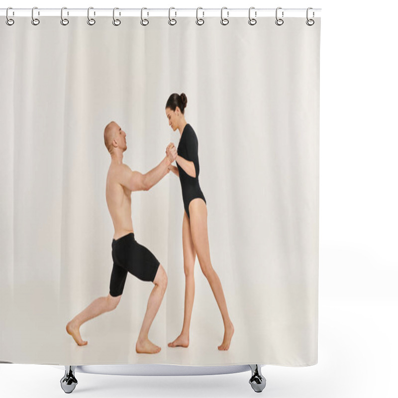 Personality  A Shirtless Young Man And A Woman Performing Intricate Dance Poses And Acrobatic Elements In A Studio Setting Against A White Background. Shower Curtains