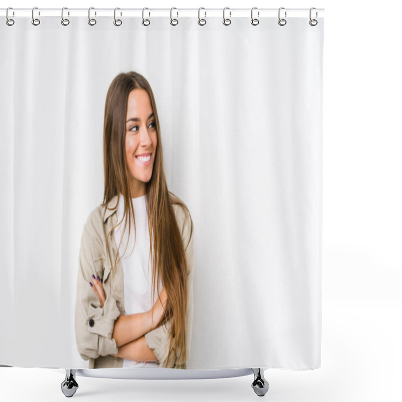 Personality  Young Caucasian Woman  Isolated Smiling Confident With Crossed Arms. Shower Curtains