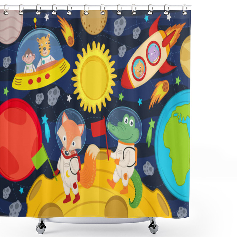 Personality  Animals On Moon In Rocket And Spacecraft  Shower Curtains