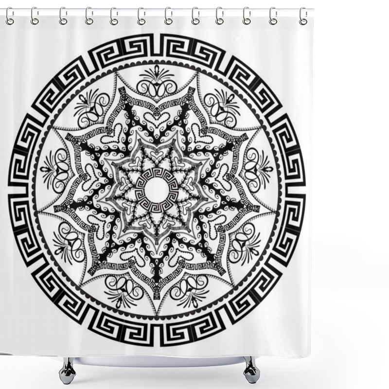 Personality  Black And White Round Floral Greek Vector Mandala Pattern. Ancient  Ornamental Abstract Background. Geometric Shapes And Elements. Decorative Ornate Design In Arabian Style. Elegance Lace Ornaments. Shower Curtains