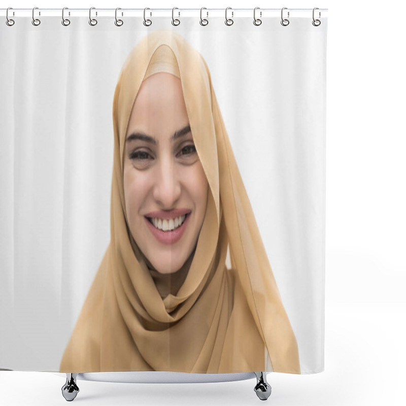 Personality  Portrait Of Young Muslim Woman Wearing Hijab On Isolated White Background. High Quality Photo Shower Curtains