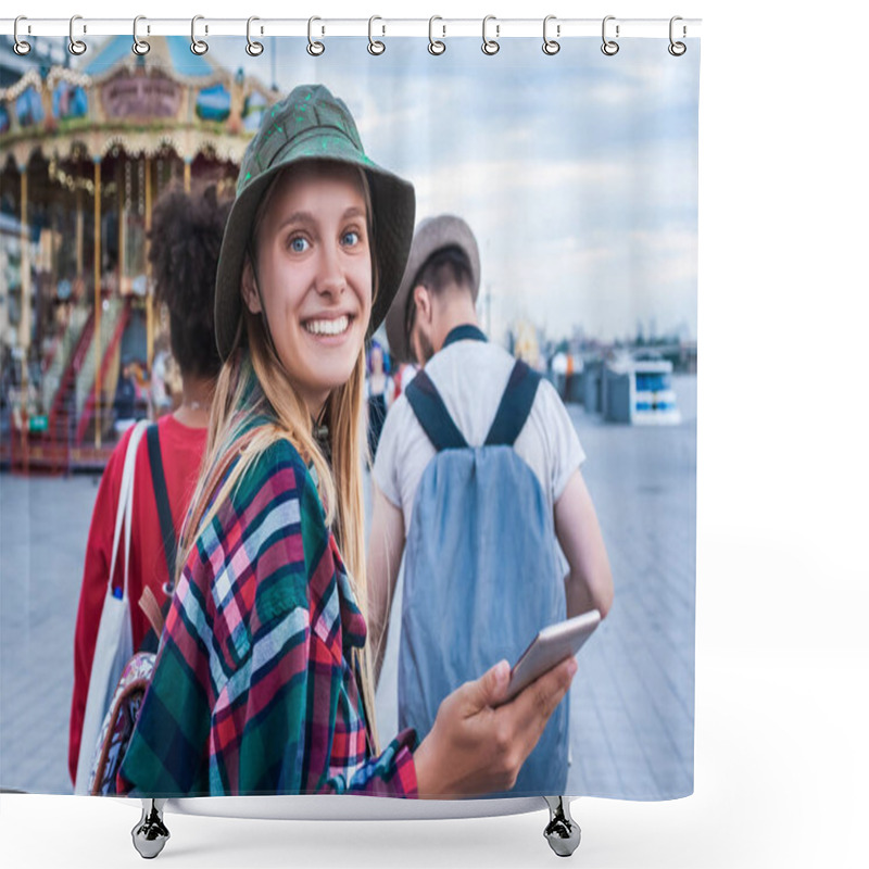 Personality  Beautiful Young Woman Holding Smartphone And Smiling At Camera While Spending Time With Friends In Amusement Park Shower Curtains