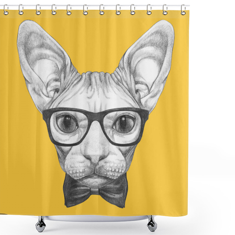 Personality  Nice Sketch Portrait Of Sphynx Cat In Hipster Glasses And Bow Tie Shower Curtains