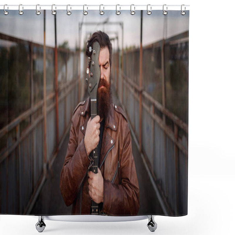 Personality  Stylishly Dressed Handsome Man With A Long Beard, Brown Leather Jacket And Light Jeans Holding A Guitar And Standing On A Bridge Shower Curtains