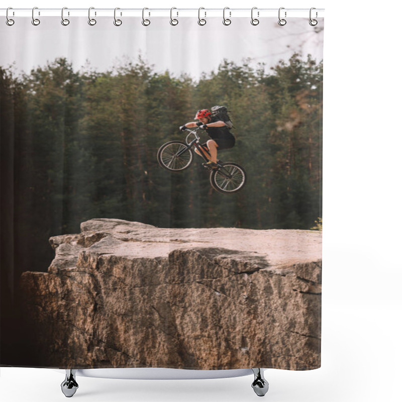 Personality  Trial Biker Jumping On Bicycle Over Rocky Cliff Outdoors Shower Curtains