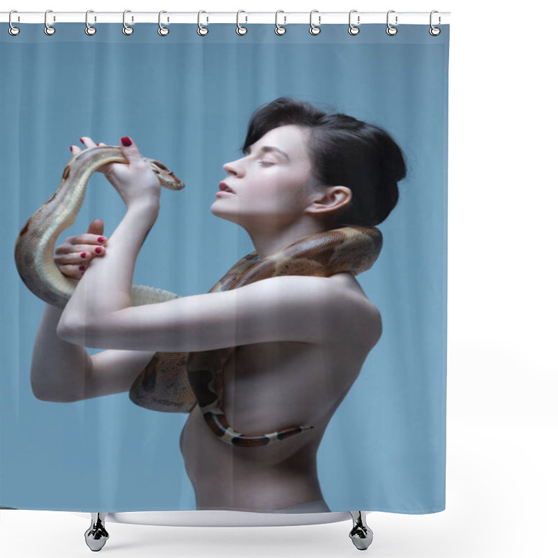 Personality  Close To Nature. Beautiful Brunette Young Woman With Slim Body Posing With Snake On Blue Studio Background. Concept Of Female Beauty, Animal Theme, Care, Elegance, Fashion Shower Curtains