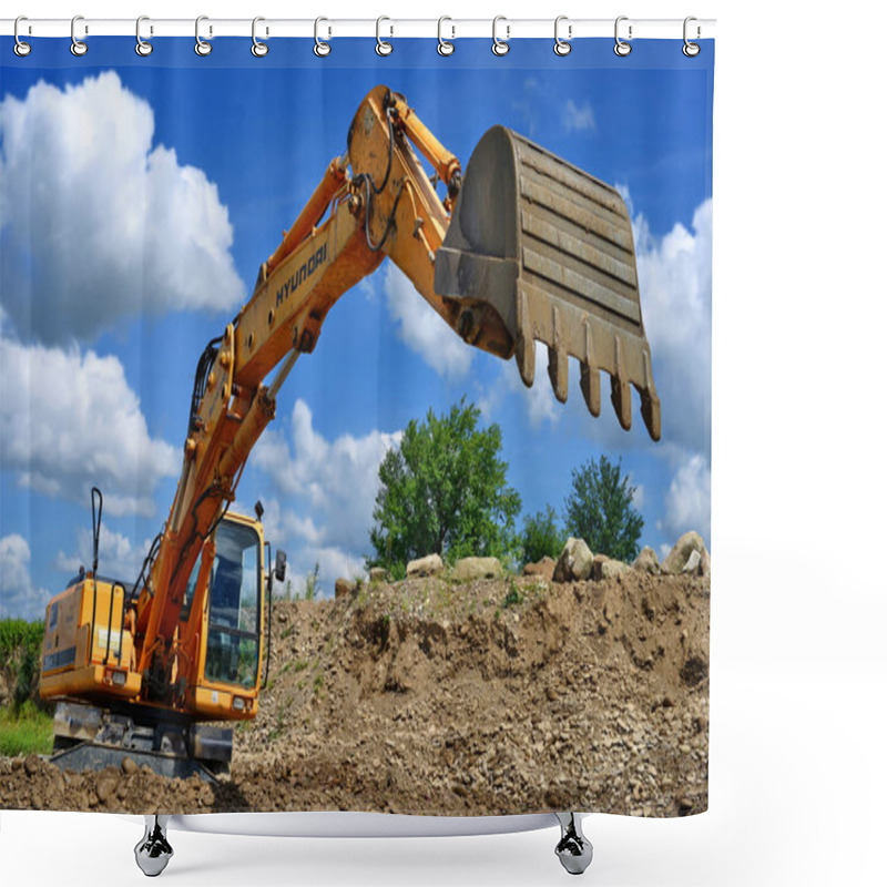 Personality  Kalush, Ukraine - July 8: Loading Boulders In The Car Body On The Construction Of A Protective Dam Near The Town Of Kalush, Western Ukraine July 8, 2015 Shower Curtains