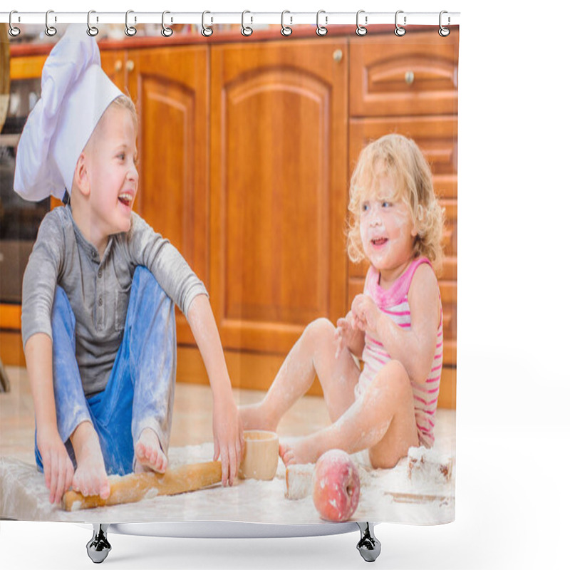 Personality  Two Siblings - Boy And Girl - In Chef's Hats Sitting On The Kitc Shower Curtains