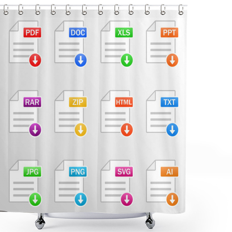 Personality  Document Files. Icon Set. Download File Formats - Pdf, Doc, Xls, Ppt, Rar, Zip, Html, Txt, Jpg, Png, Svg, Ai. Vector Shower Curtains