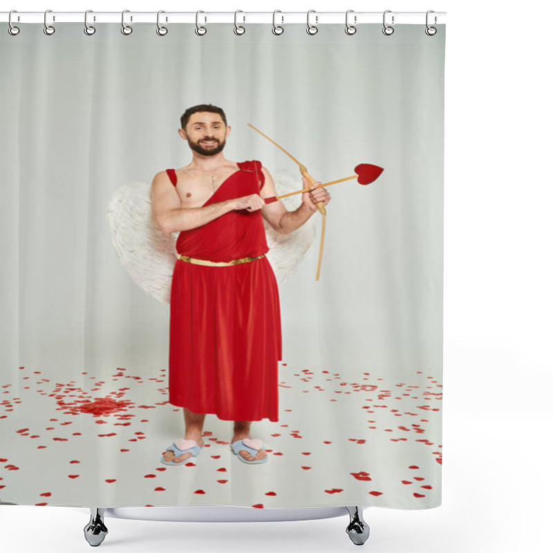 Personality  Joyful Bearded Man Dressed As Cupid Archering On Grey Backdrop, Saint Valentines Day Costume Party Shower Curtains