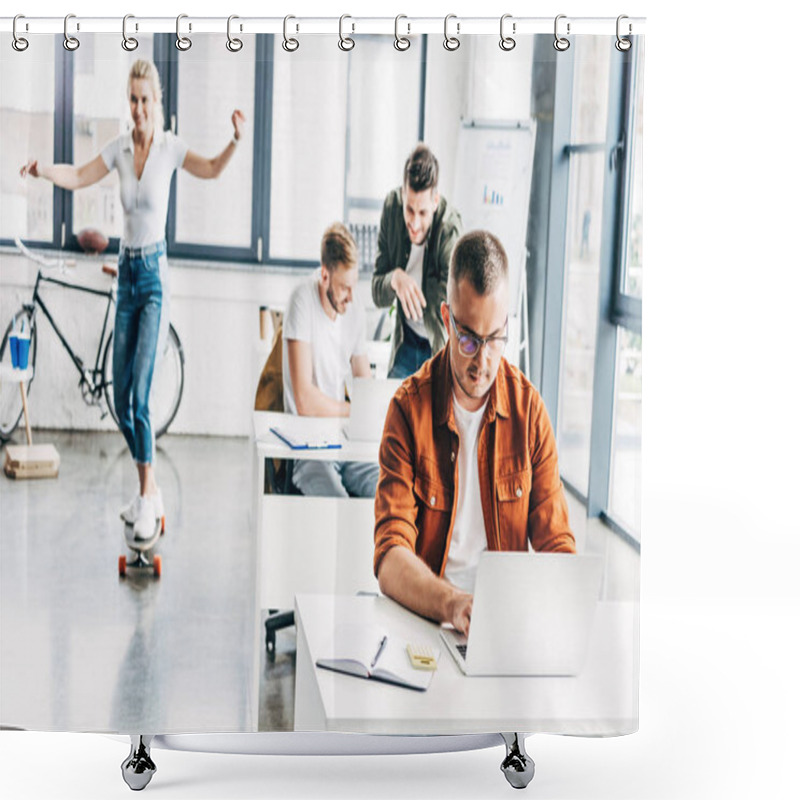 Personality  Group Of Young Progressive Entrepreneurs Working On Startup Together At Modern Open Space Office While Woman Riding Skateboard On Background Shower Curtains