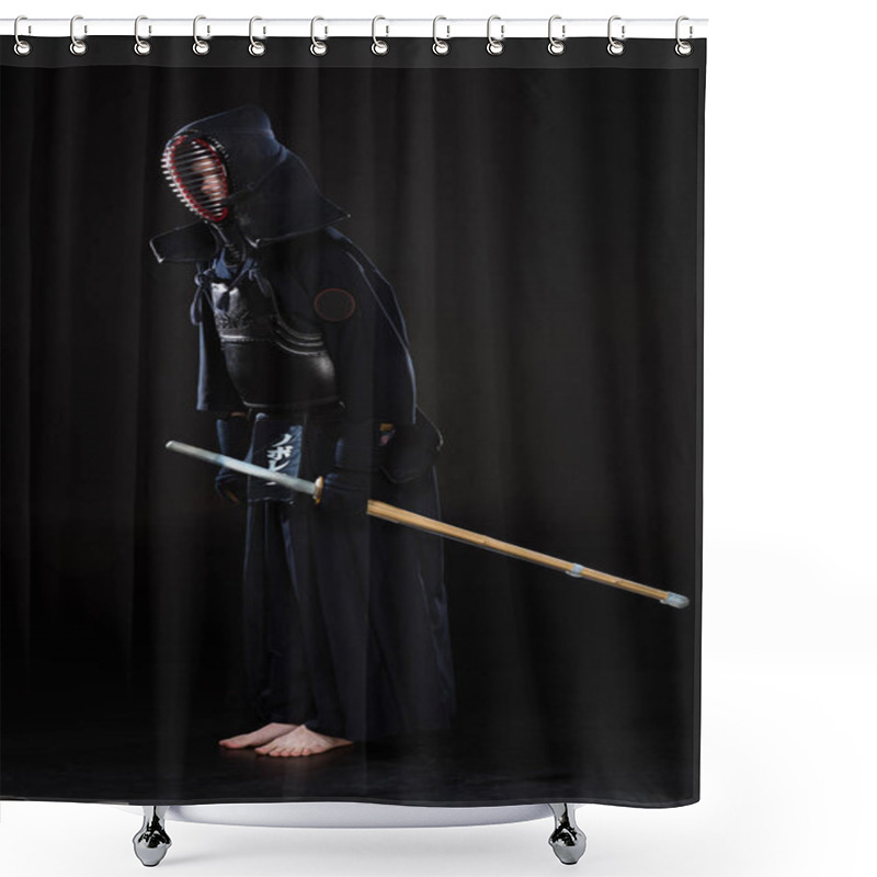 Personality  Full Length View Of Kendo Fighter With Sword Bowing On Black Shower Curtains