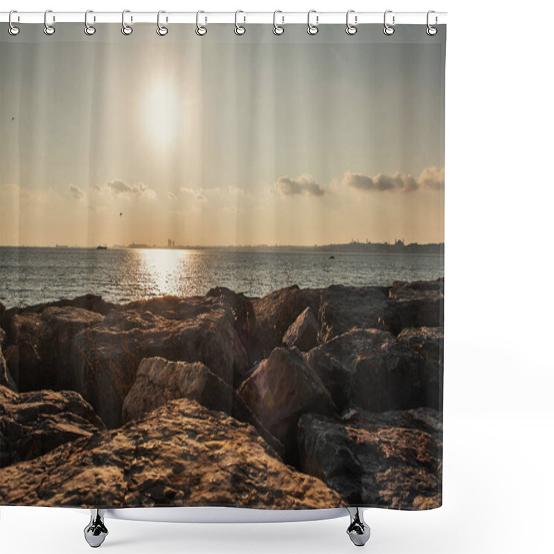 Personality  Scenic View Of Stones On Coast Of Sea During Sunset Shower Curtains