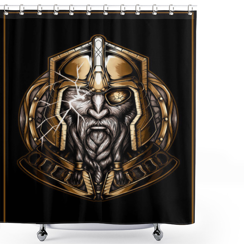 Personality  Graphic Portrait Of Scandinavian God In A Gold Armor With A Lightning In The Eye, Bust Of Dwarf With A Beard And Mustache, The Face Of An Old Viking Close-up In A Helmet On The Background Of A Shield. Shower Curtains