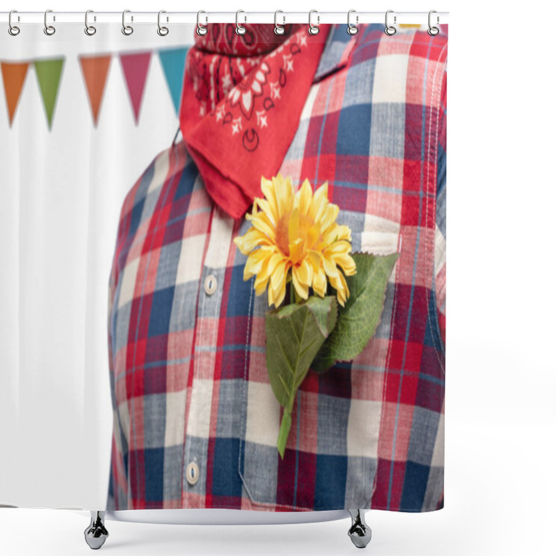 Personality  Cropped View Of Man In Bandana With Sunflower In Pocket Isolated On White Shower Curtains