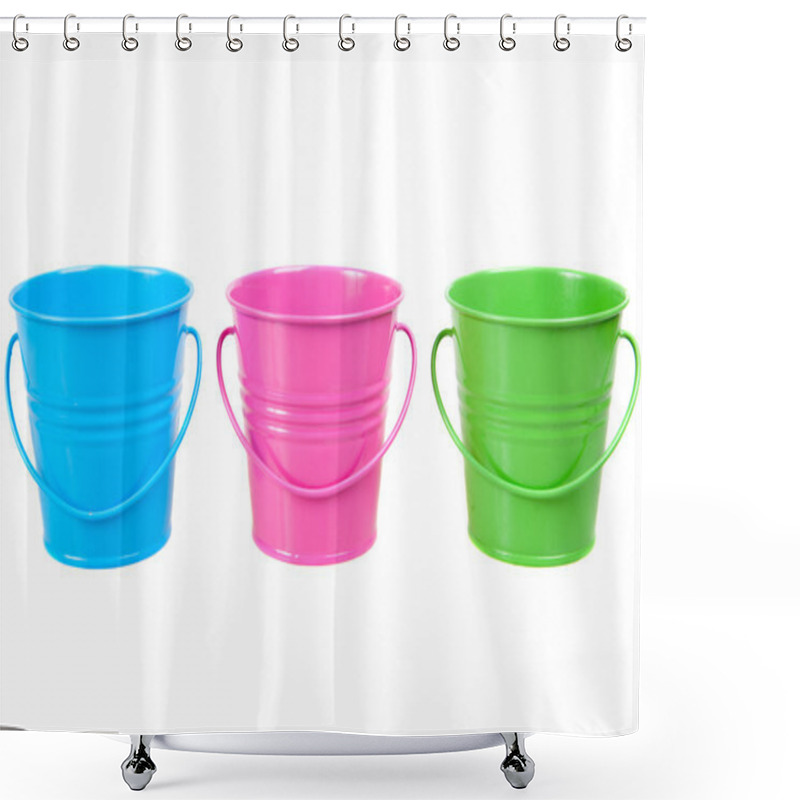 Personality  Green, Blue And Pink Pails, Buckets, Isolated Shower Curtains