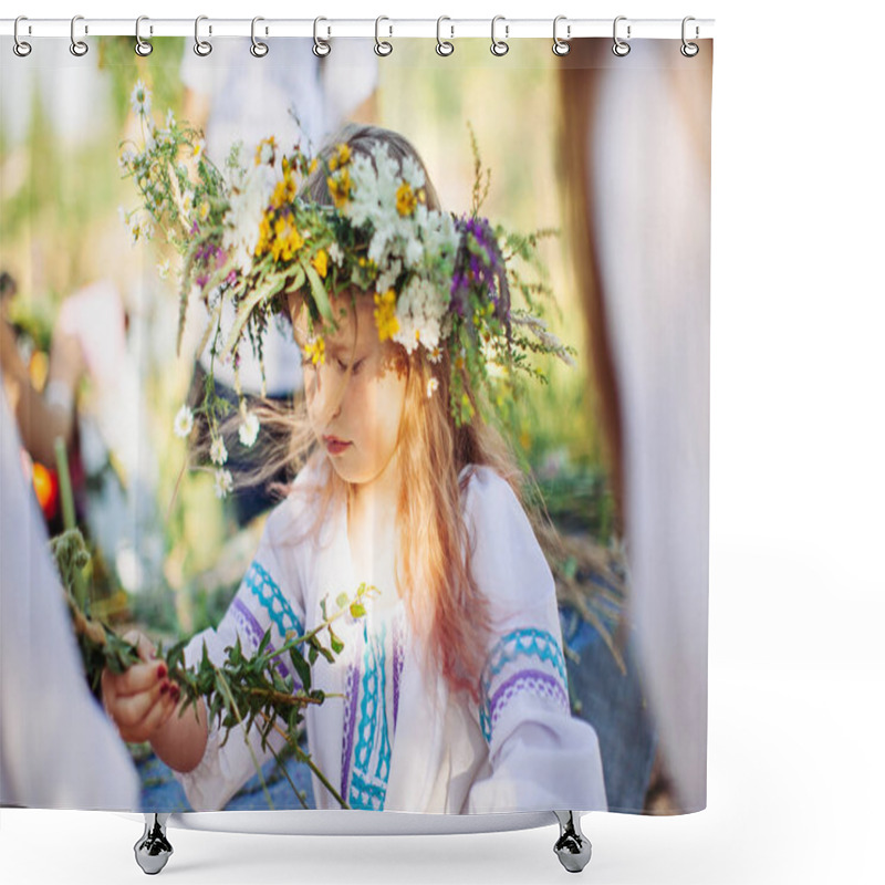 Personality  Cute Girl Blonde In White National Dress Weaves A Wreath Of Flowers And Grass At The Pagan Festival Of Spring Shower Curtains