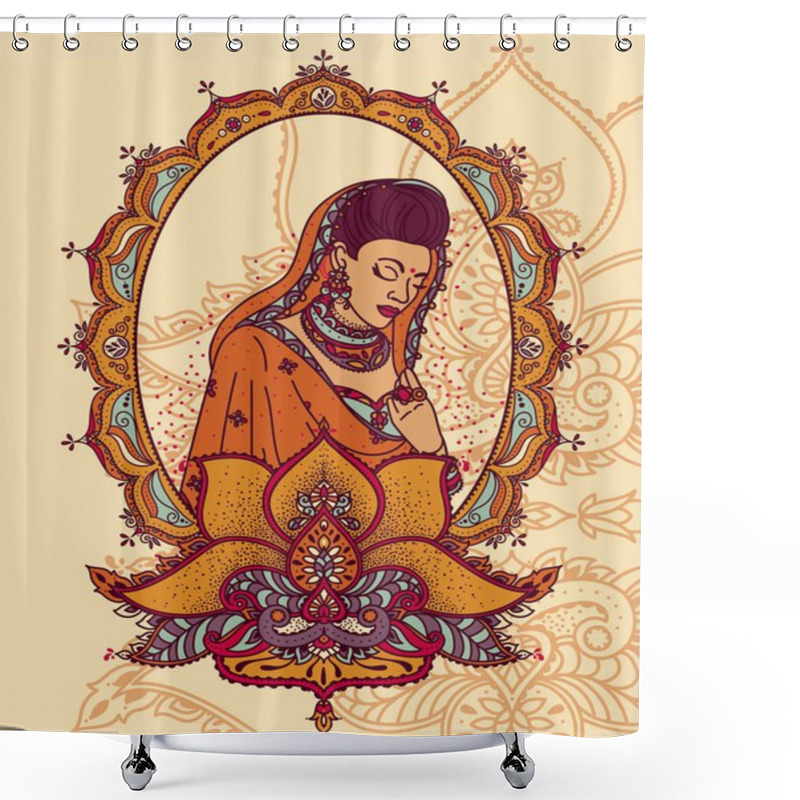 Personality  Portrait Of Indian Woman In Traditional Saree With Beautiful Frame, Can Be Used As Diwali Fesival Greeting Card Or As Banner For Hinduism Religious Organization, Vector Illustration Shower Curtains