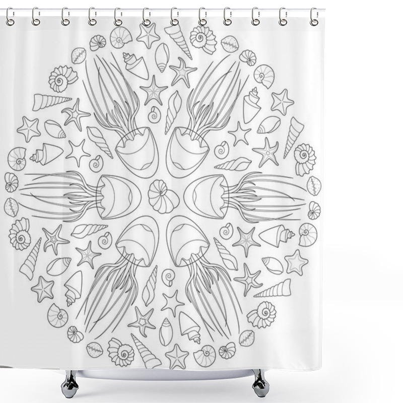 Personality  Sea Mandala With Shells And Jellyfish Black And White Vector Illustration Shower Curtains