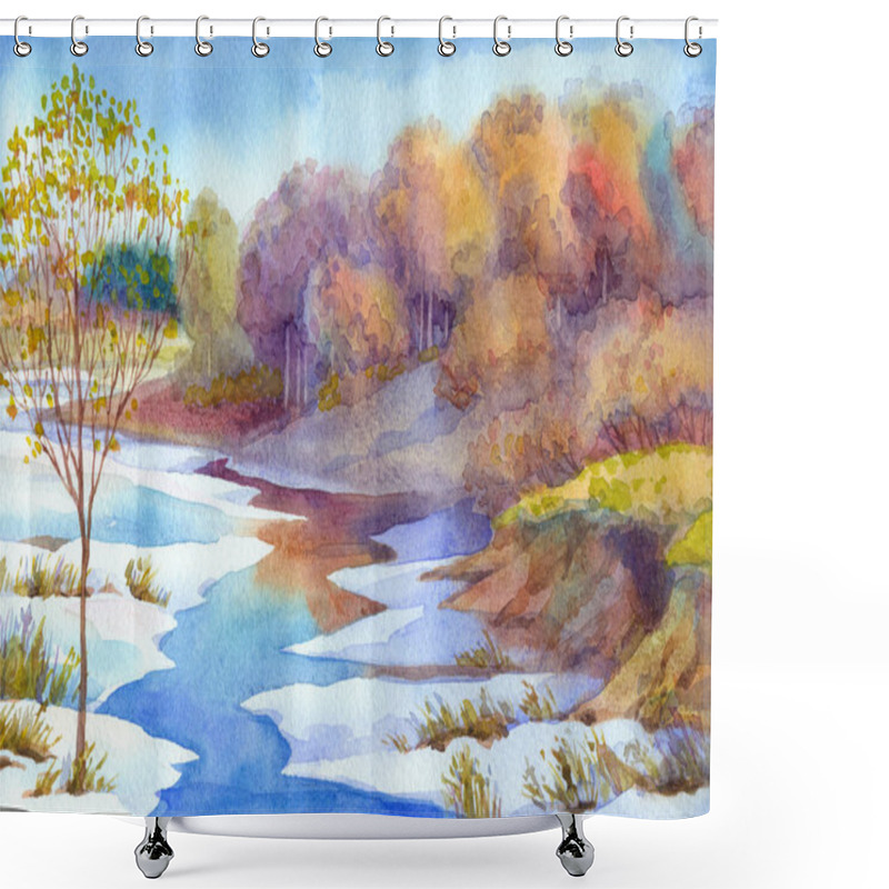 Personality  Stream In Forest Valley Winter Day. Watercolour Landscape Shower Curtains